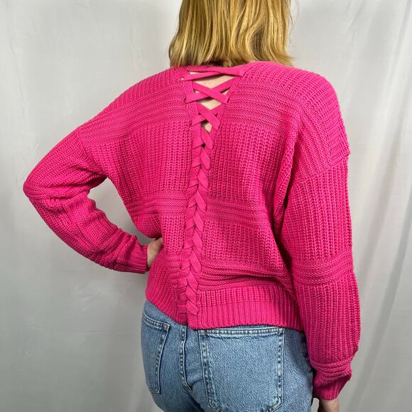FCT With Love Hot Pink V-Neck Sweater with Lace-Up Back Size Medium - Picture 2 of 9